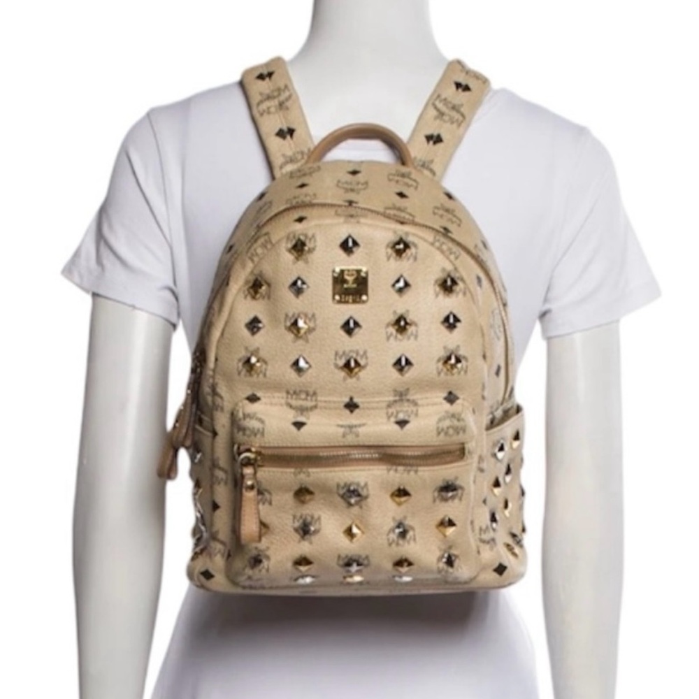 MCM Beige Visetos Silver and Gold Pyramid Studded Backpack with Dust Bag - Picture 5 of 16